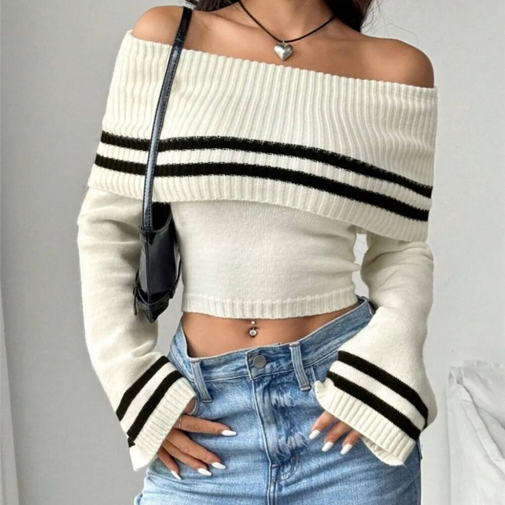 Ribbed Off-Shoulder Striped Knit Top